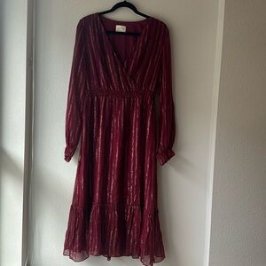 Sézane Burgundy Metallic Stripe Long Sleeve Midi Dress
